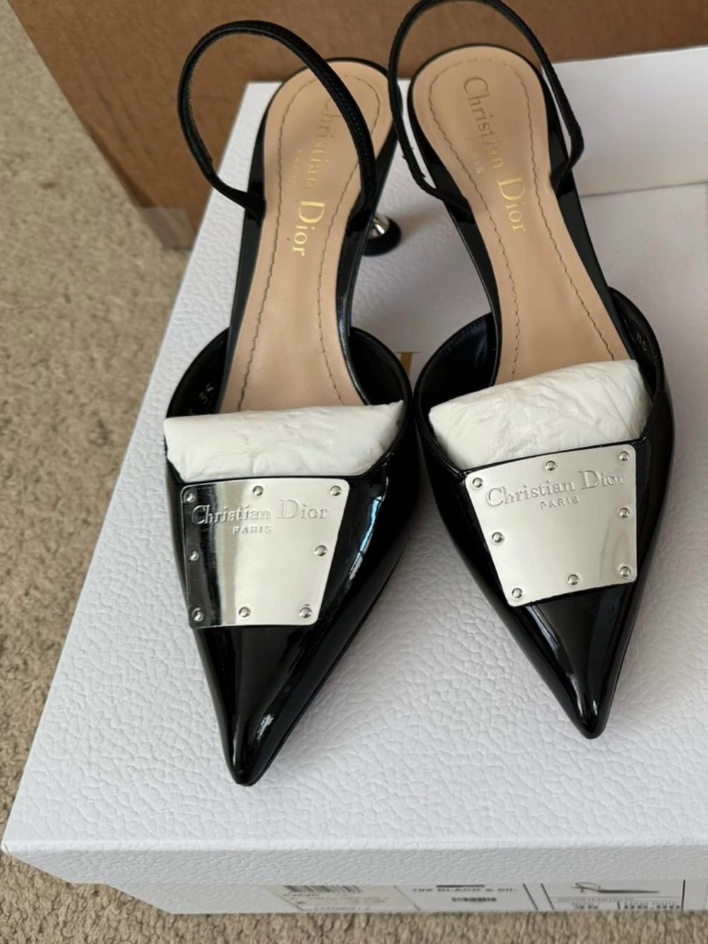 Dior La Parisienne Black Patent Leather Pointed Slingback Heels size 35